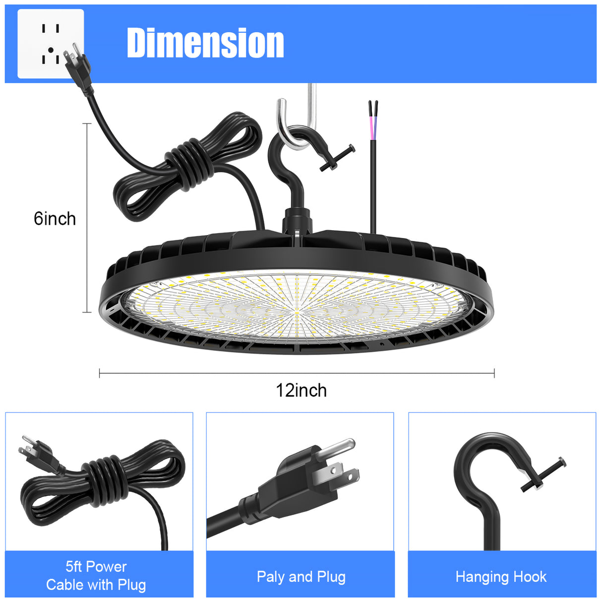 dimension and accessaries of UFO High Bay LED Lights