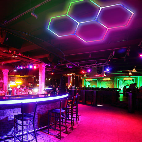 Use of Color RGB LED Hexagon Lights 4 Hex in the bar