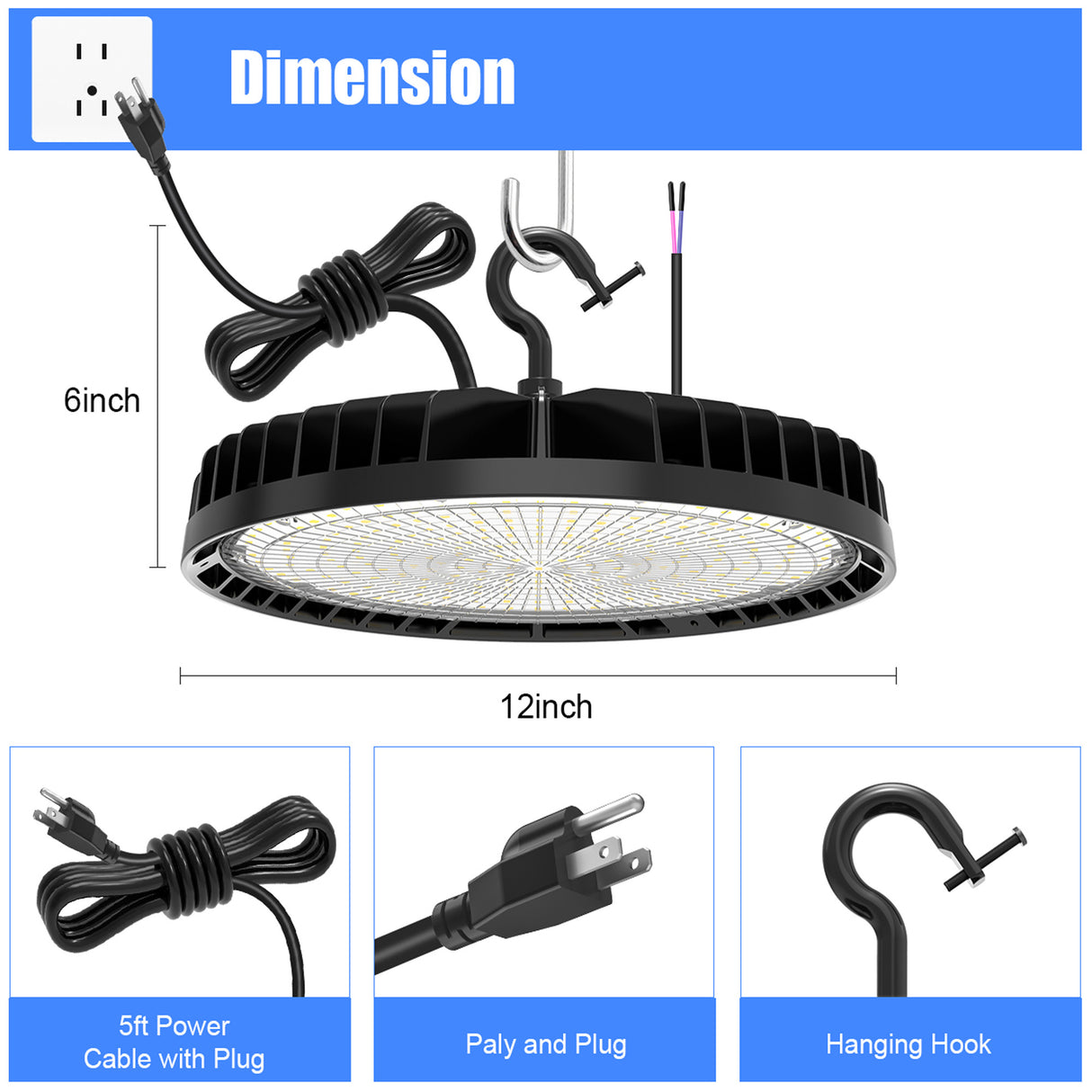 dimension and accessaries of UFO High Bay LED Lights