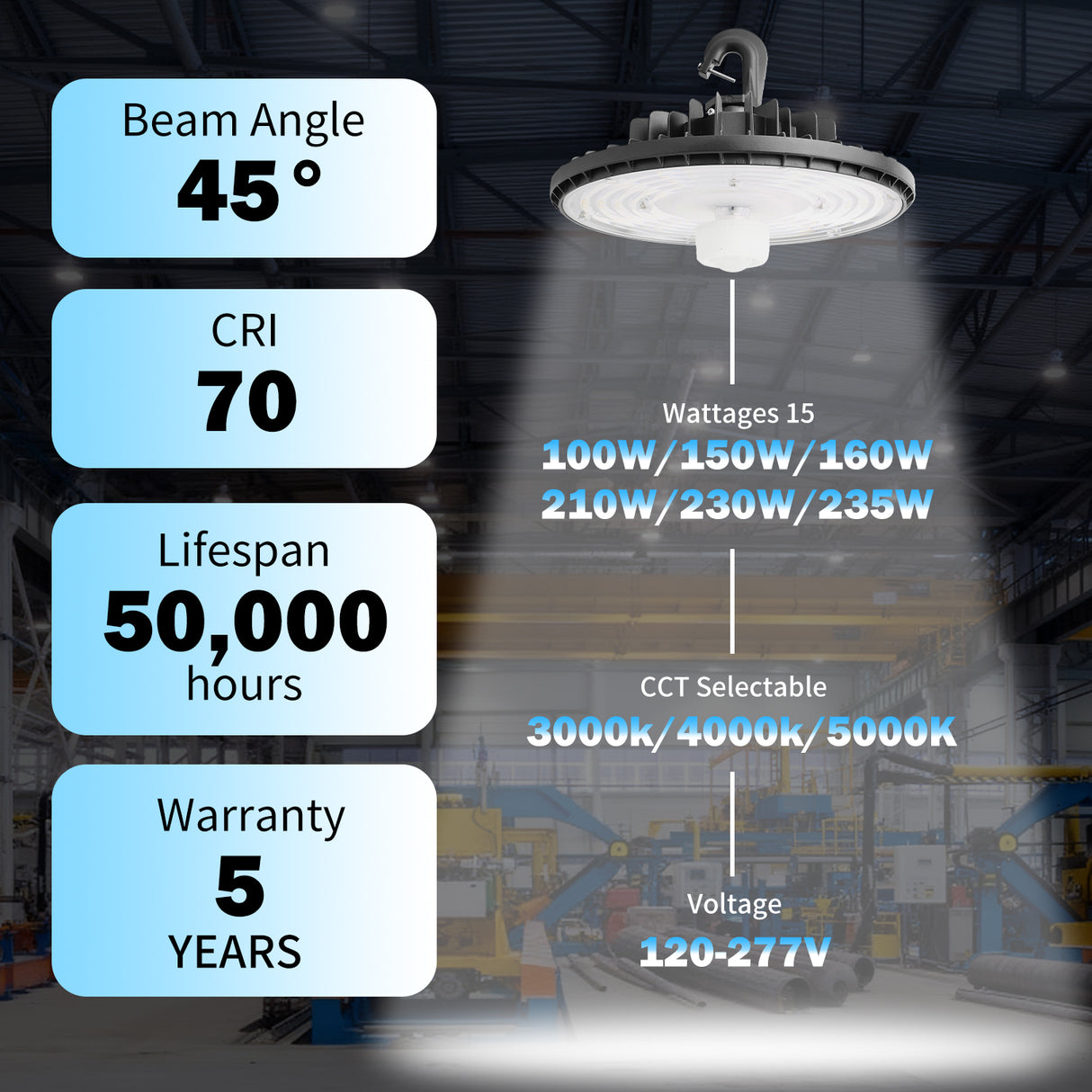Super Bright UFO LED High Bay ,230W  (36000 Lumens) ,Selectable Wattage &CCT Adjustable, 120-277V, Energy Saving Industrial Lighting