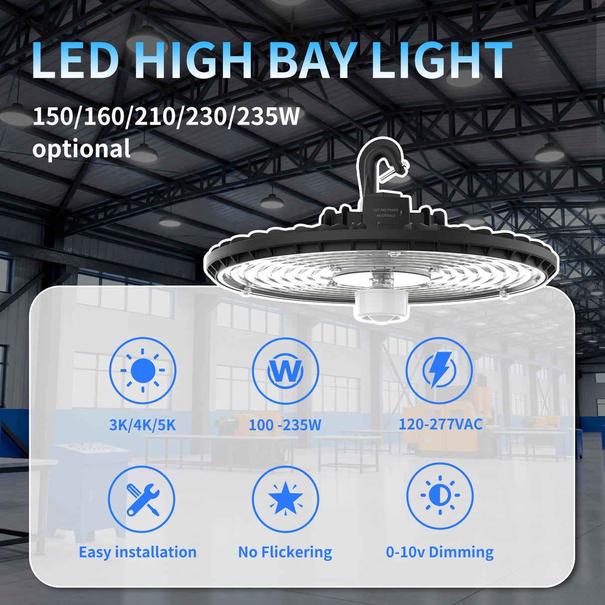 Super Bright UFO LED High Bay ,230W  (36000 Lumens) ,Selectable Wattage &CCT Adjustable, 120-277V, Energy Saving Industrial Lighting