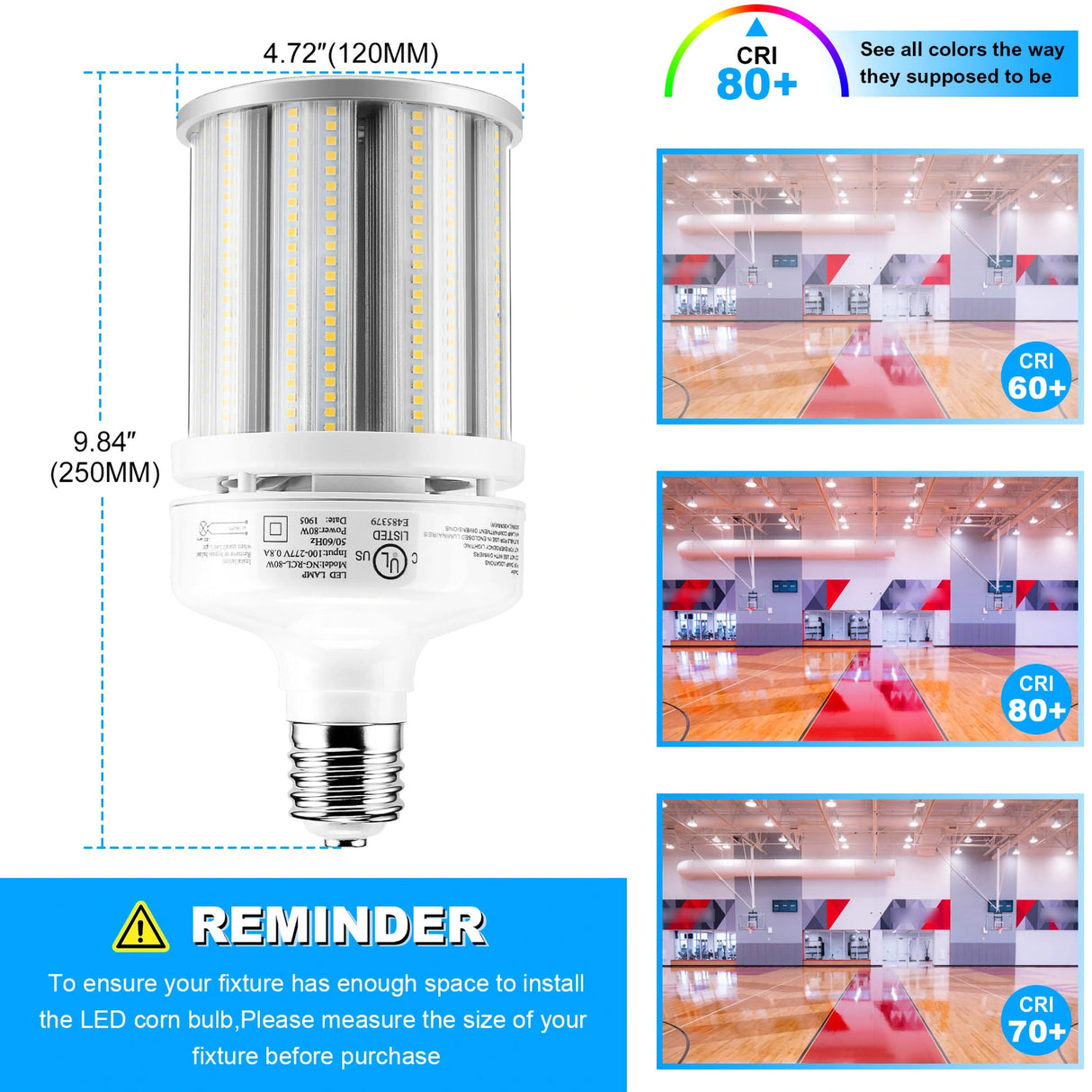 detailed size of 80w lamp and visual representation of CRI