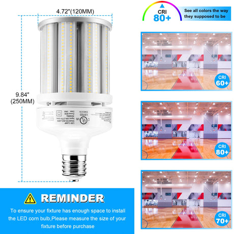 detailed size of 80w lamp and visual representation of CRI