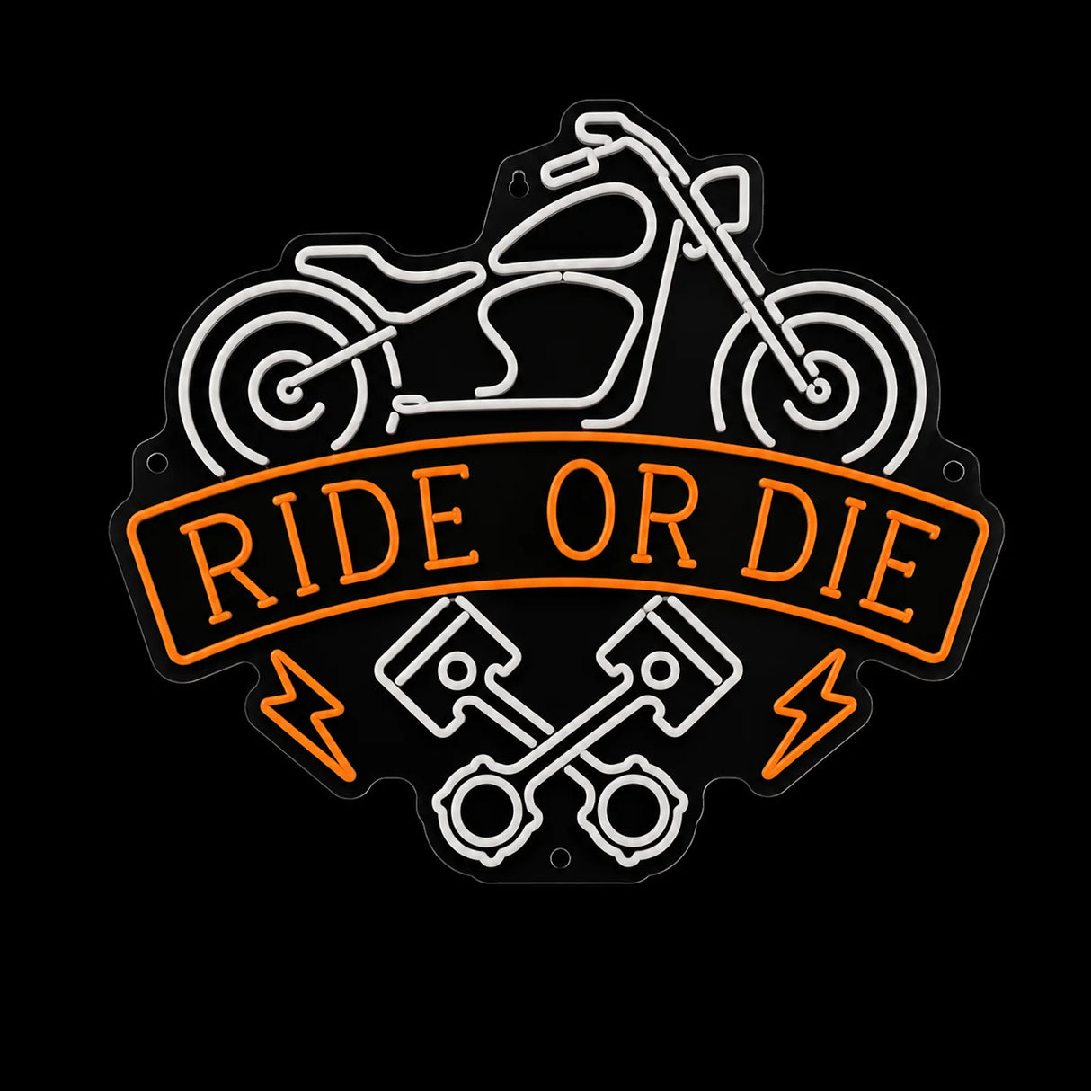 Ride or Die motorcycle neon sign with orange lettering and white motorcycle outline