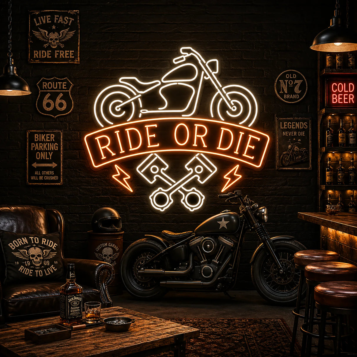 Ride or Die motorcycle neon sign size comparison from 16 inch to 48 inch