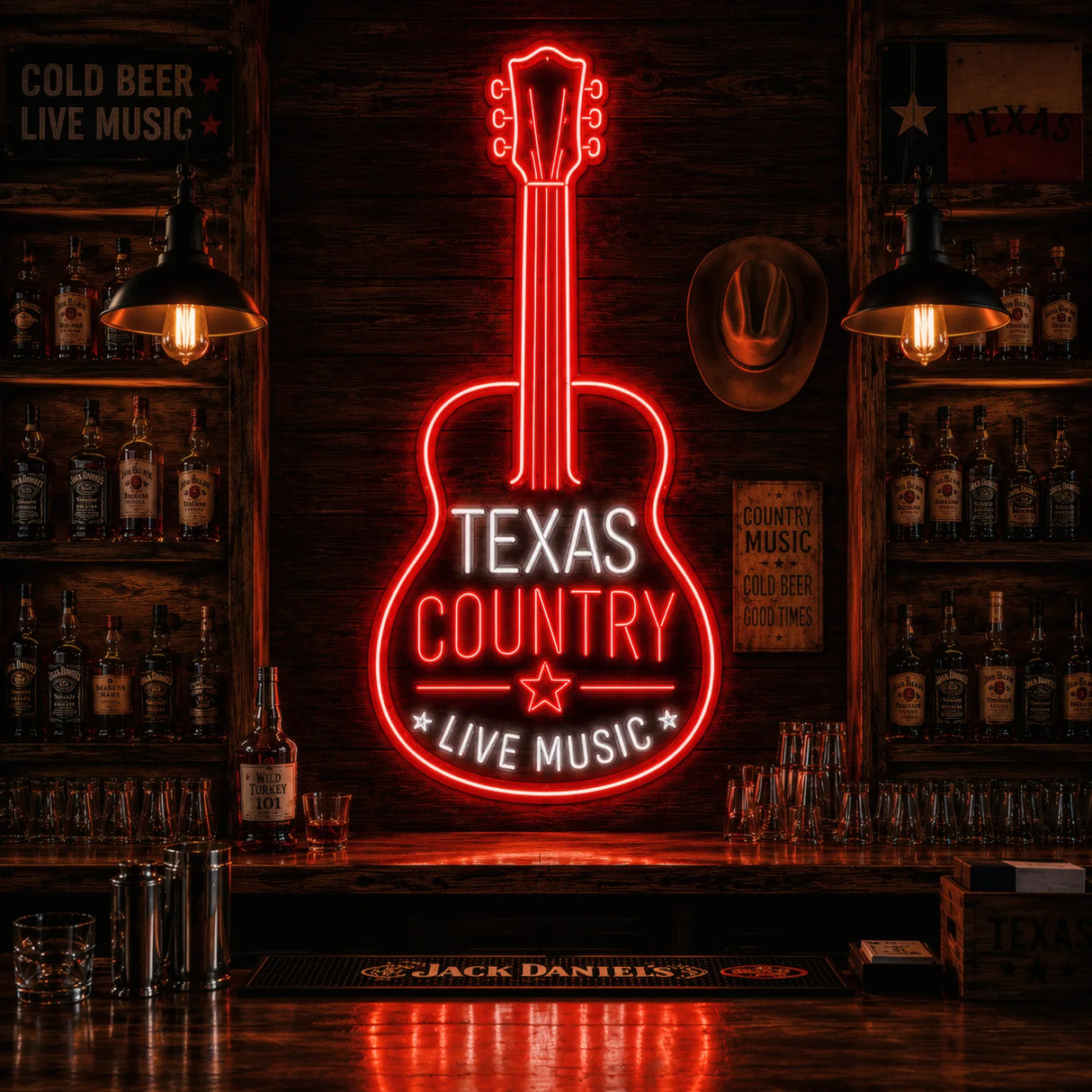 Texas Country Music Guitar LED Neon Sign