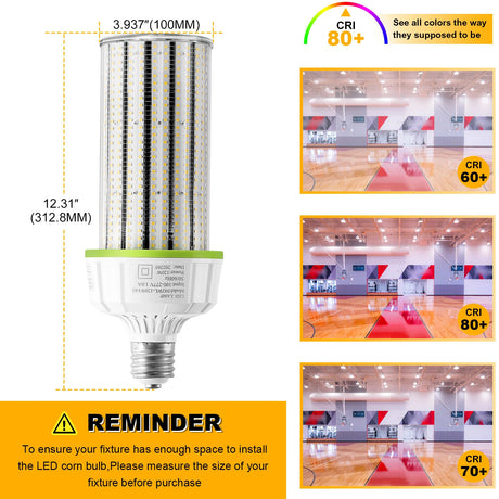 detailed size of 120w lamp and visual representation of CRI