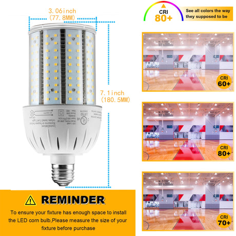 detailed size of 30w lamp and visual representation of CRI