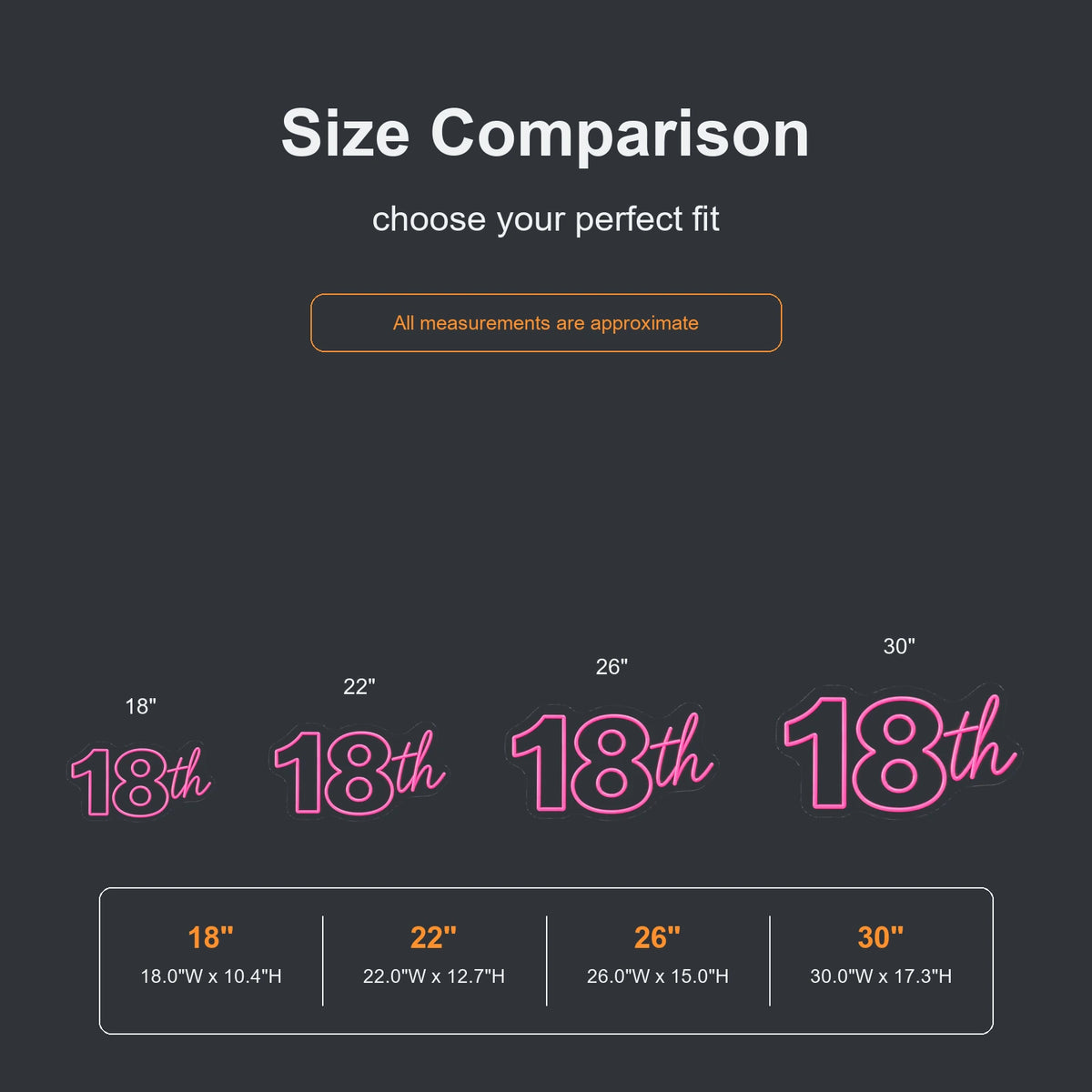 18th birthday neon sign size comparison from 18 to 30 inches