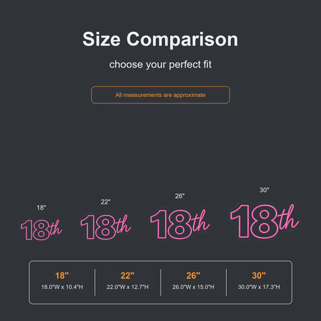 18th birthday neon sign size comparison from 18 to 30 inches