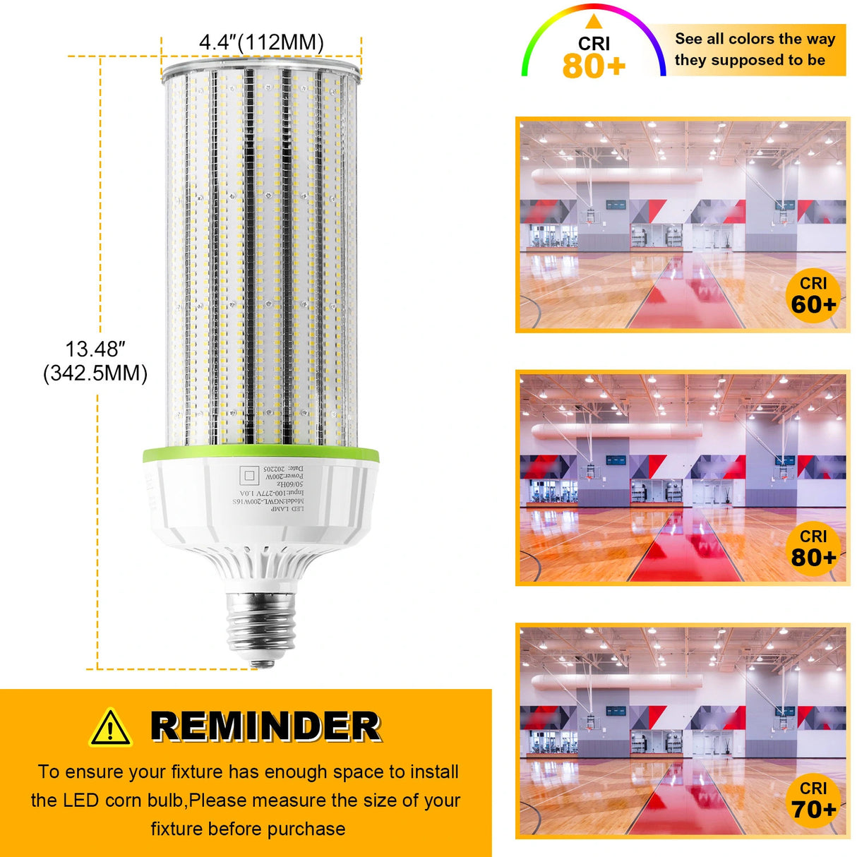 detailed size of lamp and visual representation of CRI