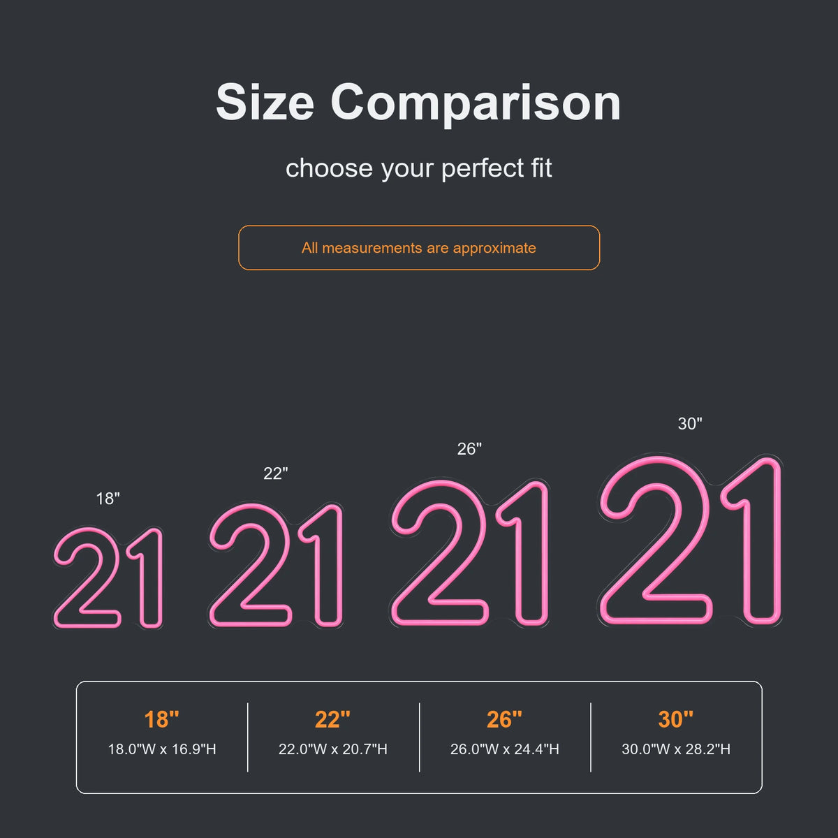 Number 21 neon sign size comparison from 18 to 30 inches