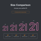 Number 21 neon sign size comparison from 18 to 30 inches