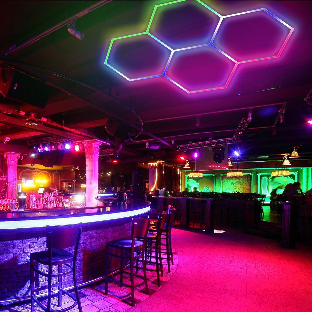 Use of Color RGB LED Hexagon Lights 4 Hex in the bar