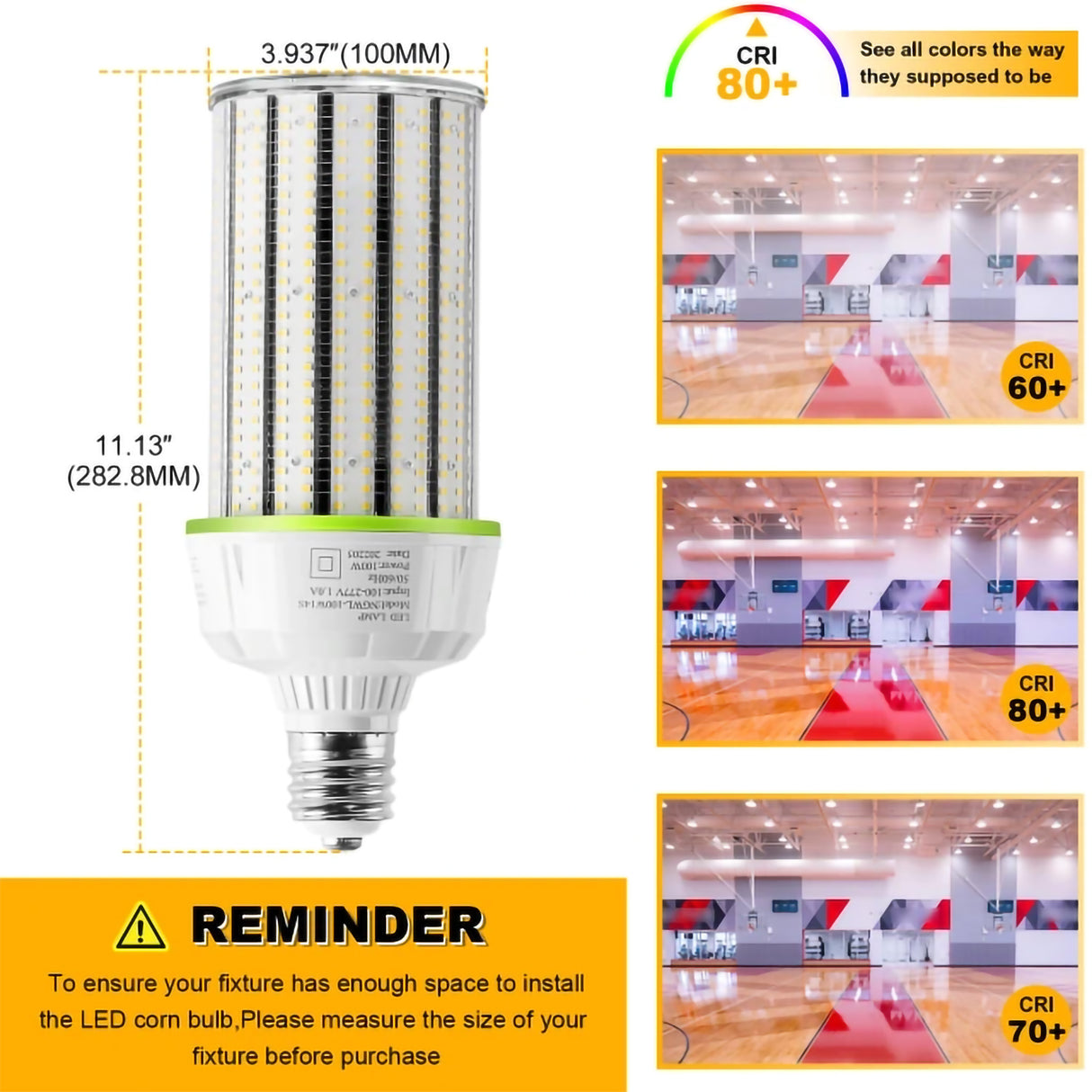 detailed size of 100w lamp and visual representation of CRI