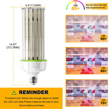 detailed size of 300w lamp and visual representation of CRI