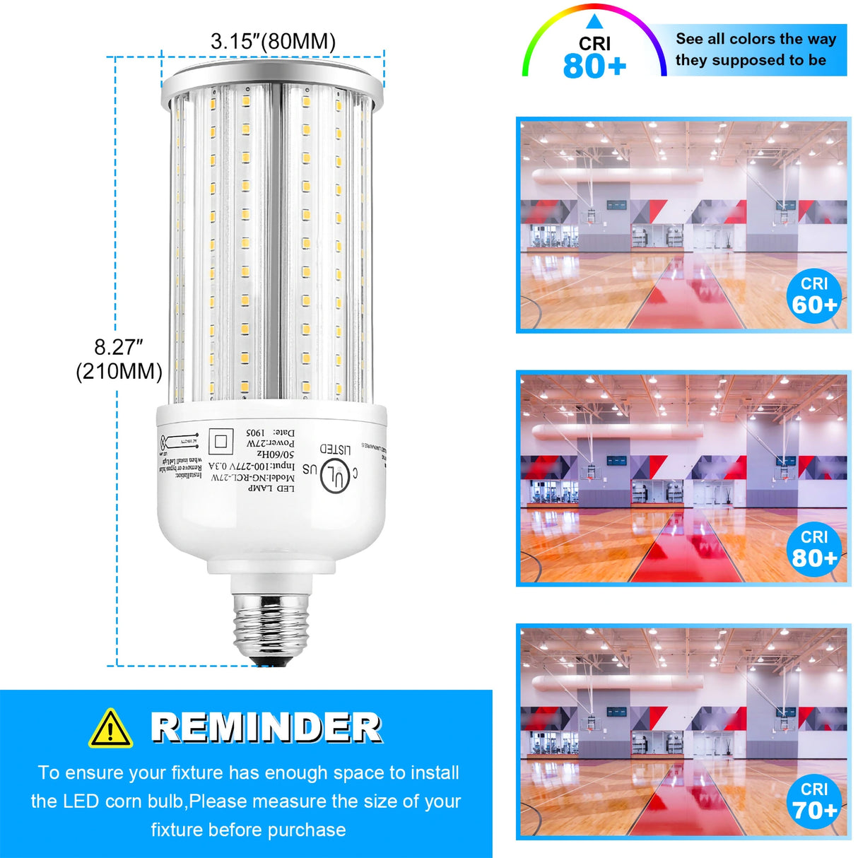 detailed size of 27w lamp and visual representation of CRI