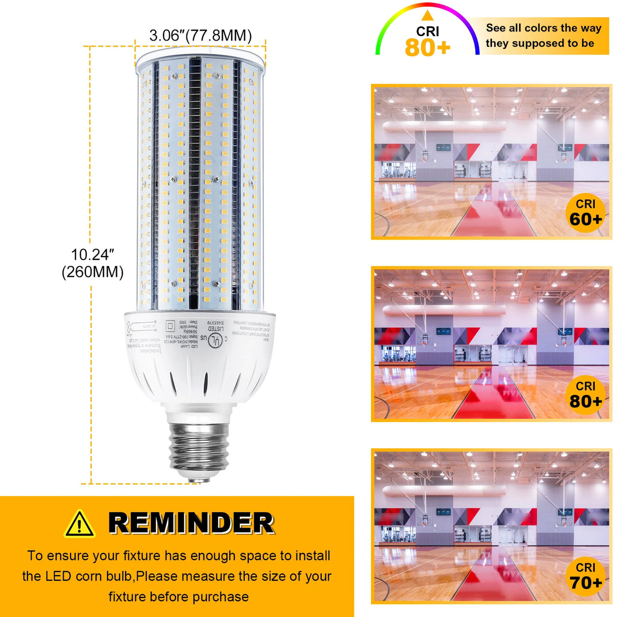 detailed size of 60w lamp and visual representation of CRI