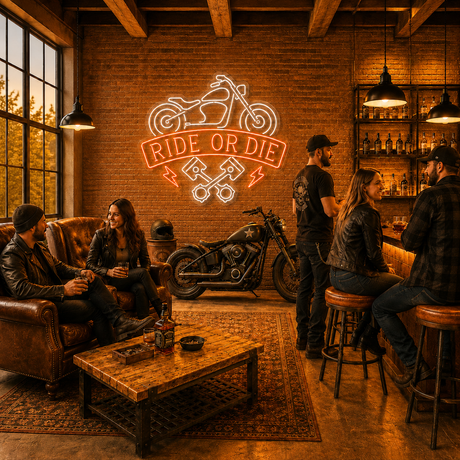 Ride or Die Motorcycle Neon Sign for Man Cave & Garage Bar