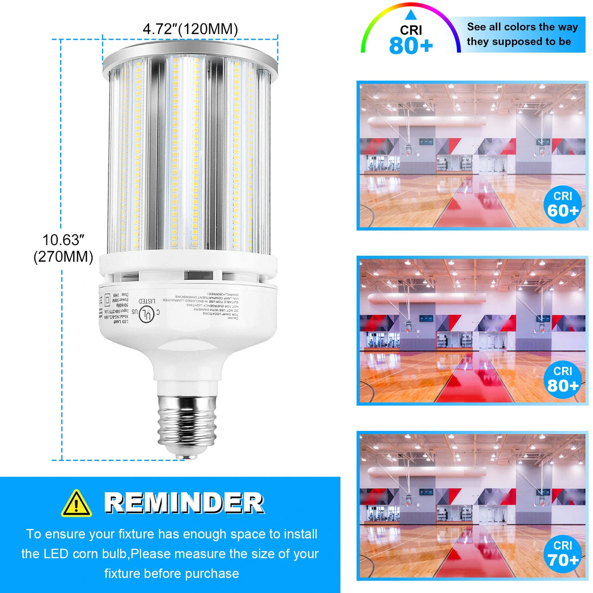 detailed size of 100w lamp and visual representation of CRI