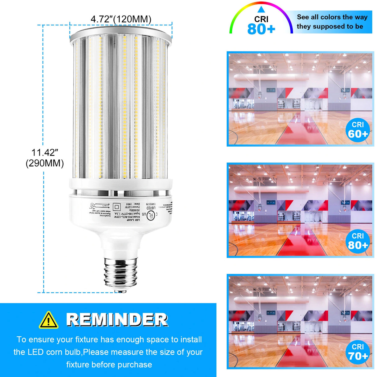 detailed size of 125w lamp and visual representation of CRI