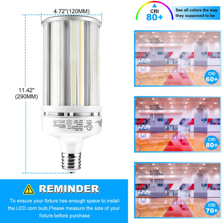 detailed size of 125w lamp and visual representation of CRI