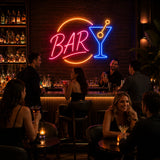 Retro Round BAR Cocktail LED Neon Sign displayed in a bar wall setting