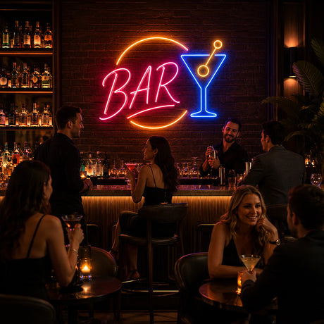 Retro Round BAR Cocktail LED Neon Sign displayed in a bar wall setting