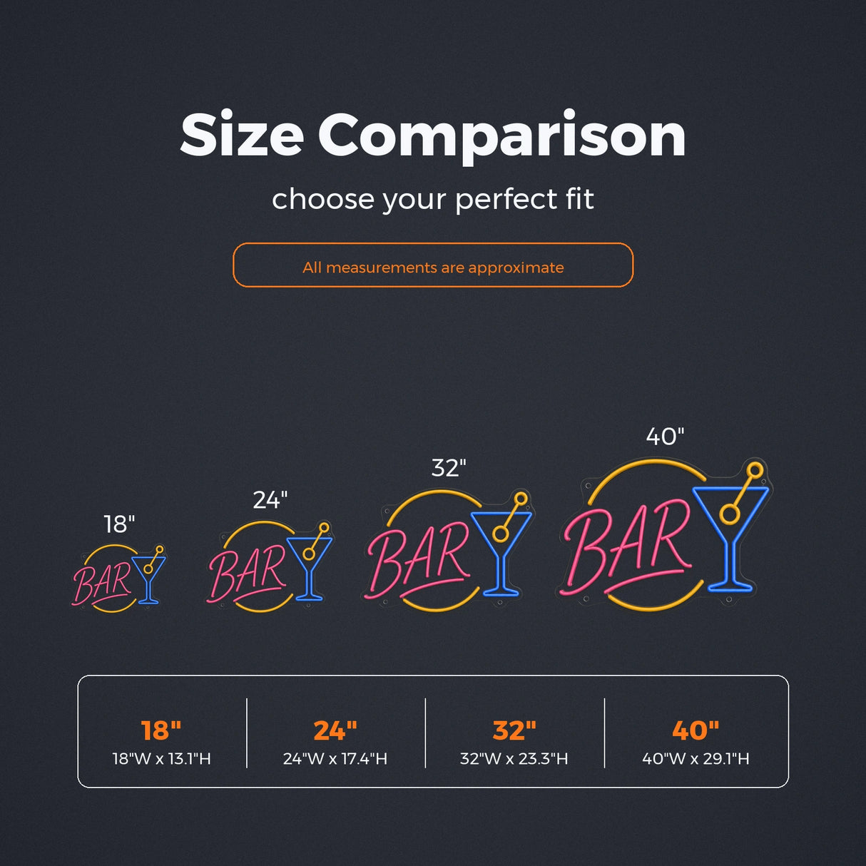 Retro Round BAR Cocktail LED Neon Sign size guide for neon signs for bar
