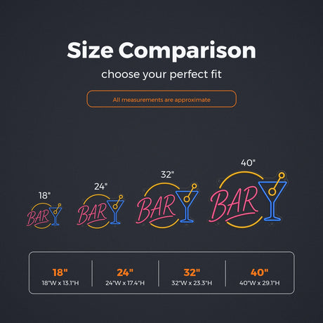 Retro Round BAR Cocktail LED Neon Sign size guide for neon signs for bar