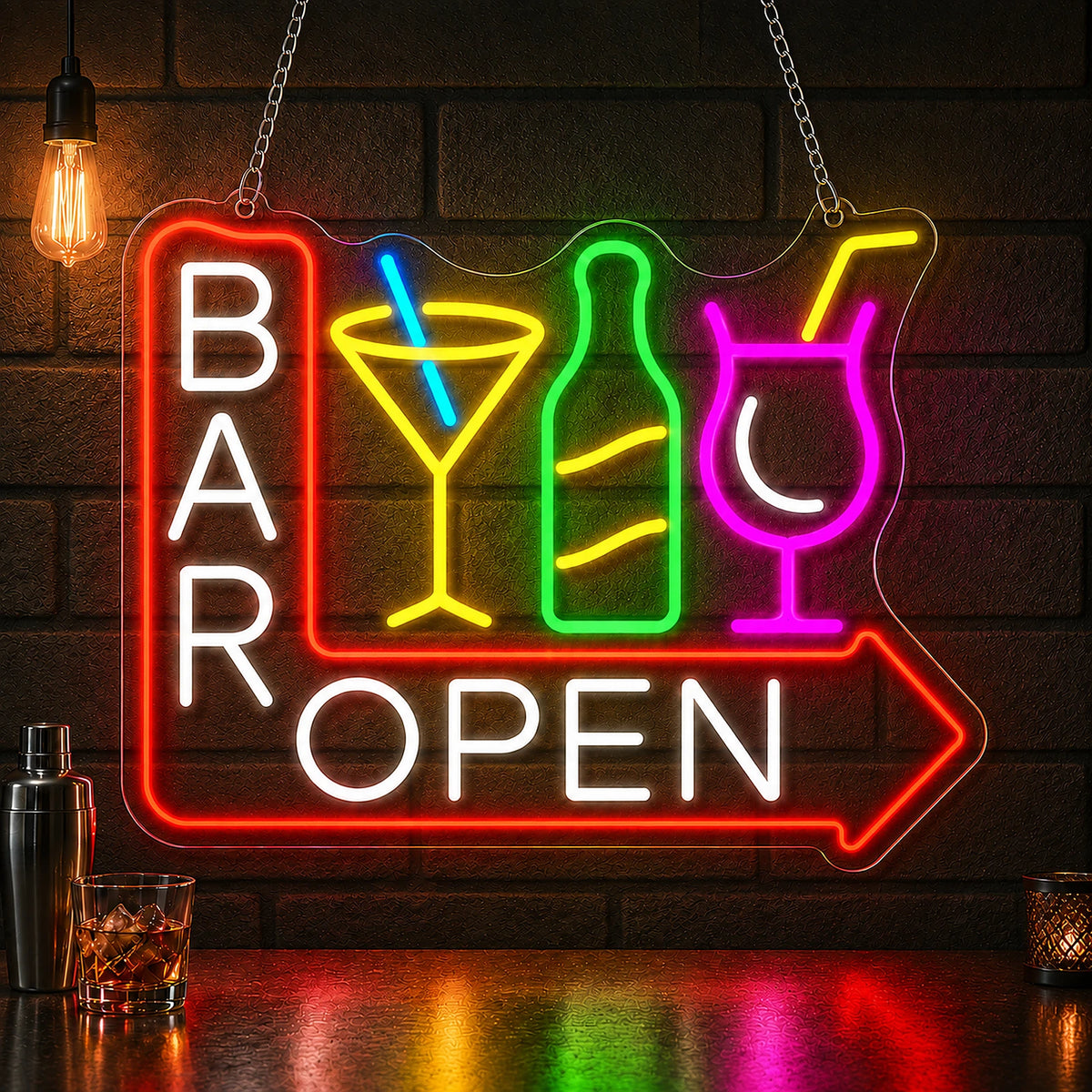 Classic  Cocktail Bar with Arrow Open LED Neon Sign