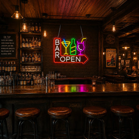 Cocktail bar arrow open LED neon sign mounted on a back bar wall