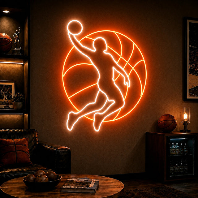Basketball Player Man Cave Neon Sign glowing on a basketball room wall above a sofa