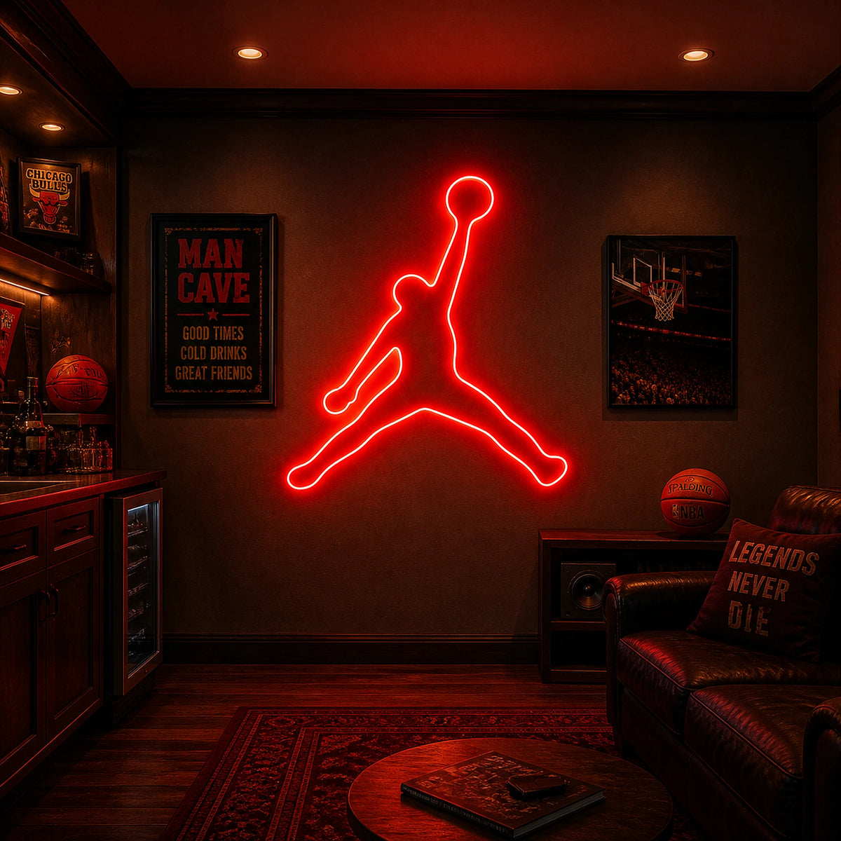 Basketball Dunk Silhouette Man Cave Neon Sign lighting up a bedroom wall above a desk at night