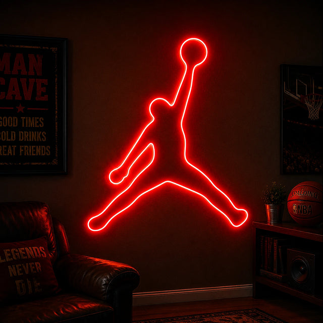 Basketball Dunk Silhouette Man Cave Neon Sign glowing on a bedroom wall above a desk
