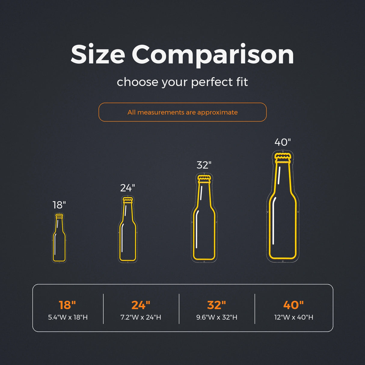 Beer Bottle LED Neon Sign size guide for beer neon signs