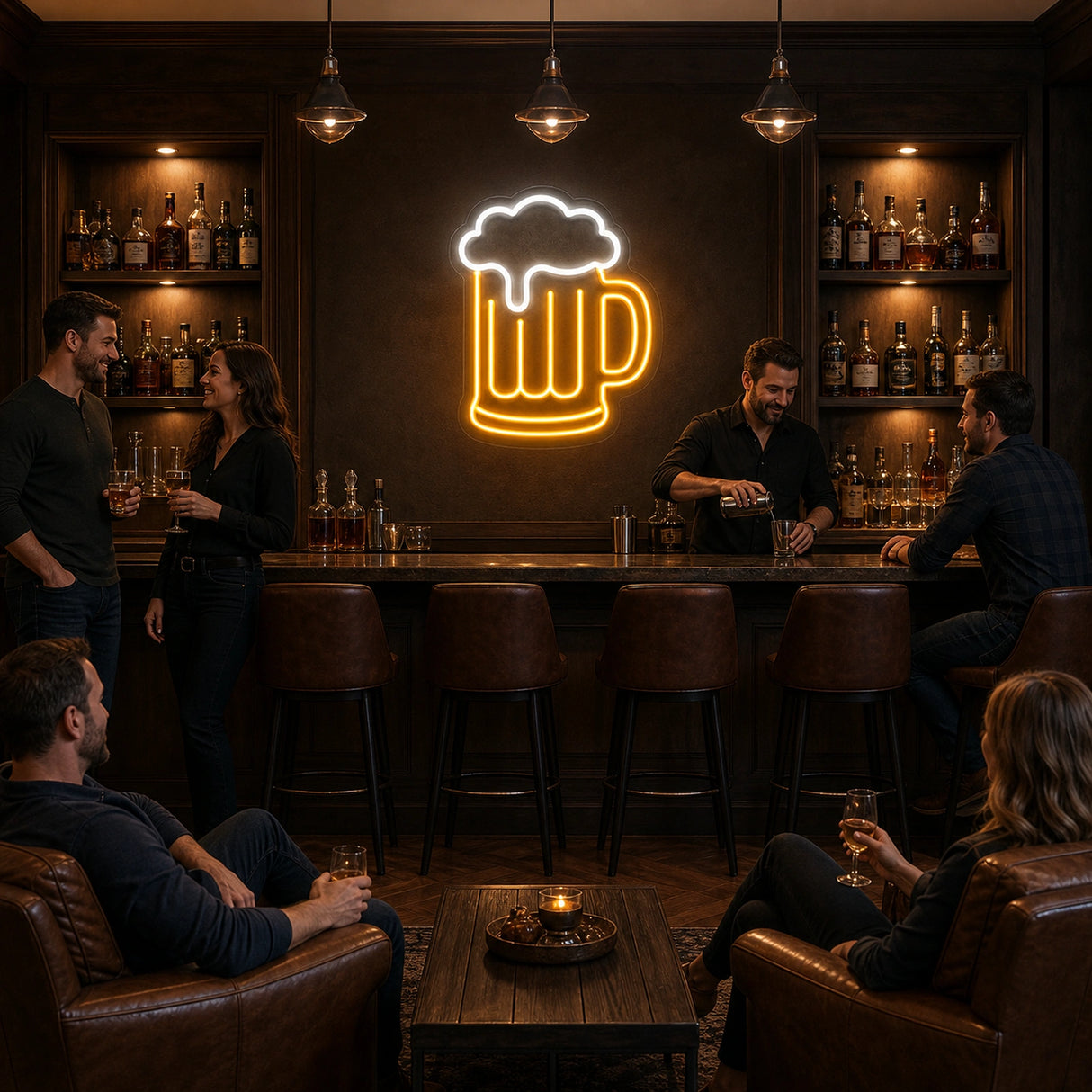Beer Mug LED Neon Sign displayed in a pub wall setting