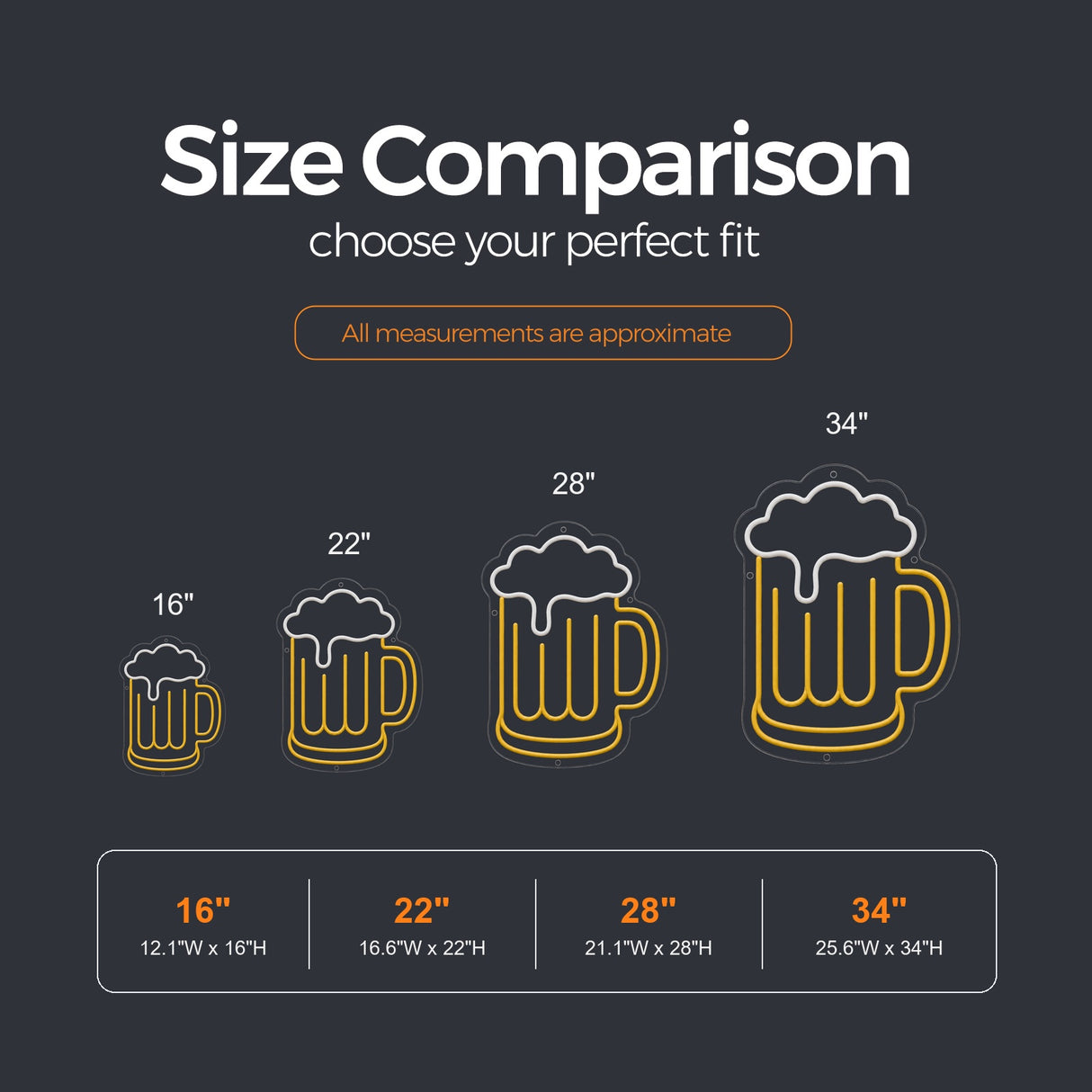 Beer Mug LED Neon Sign size guide for beer neon signs