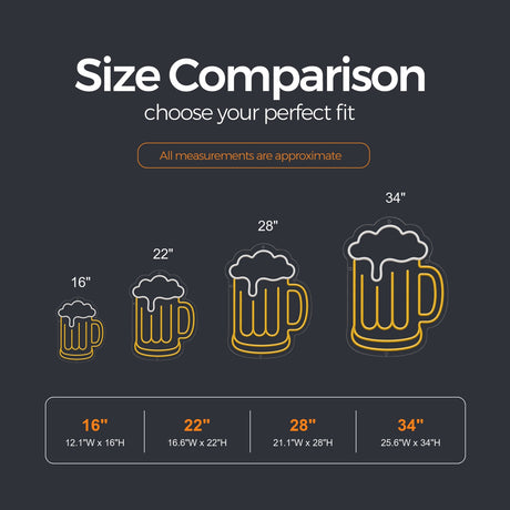 Beer Mug LED Neon Sign size guide for beer neon signs
