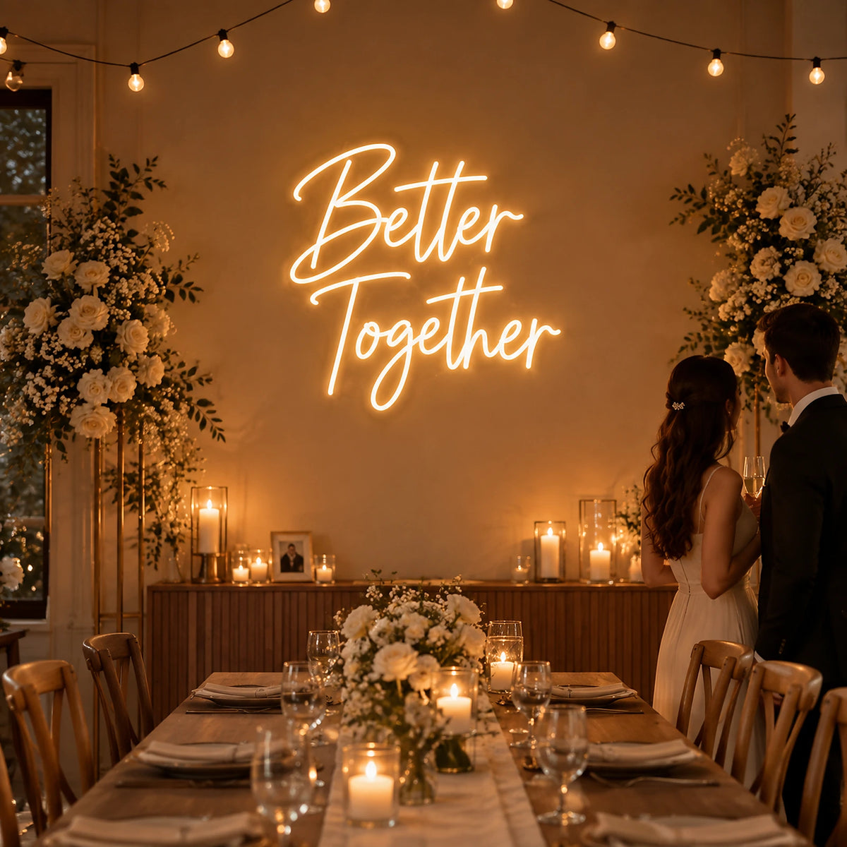 Couple at a wedding reception in front of a Better Together neon sign