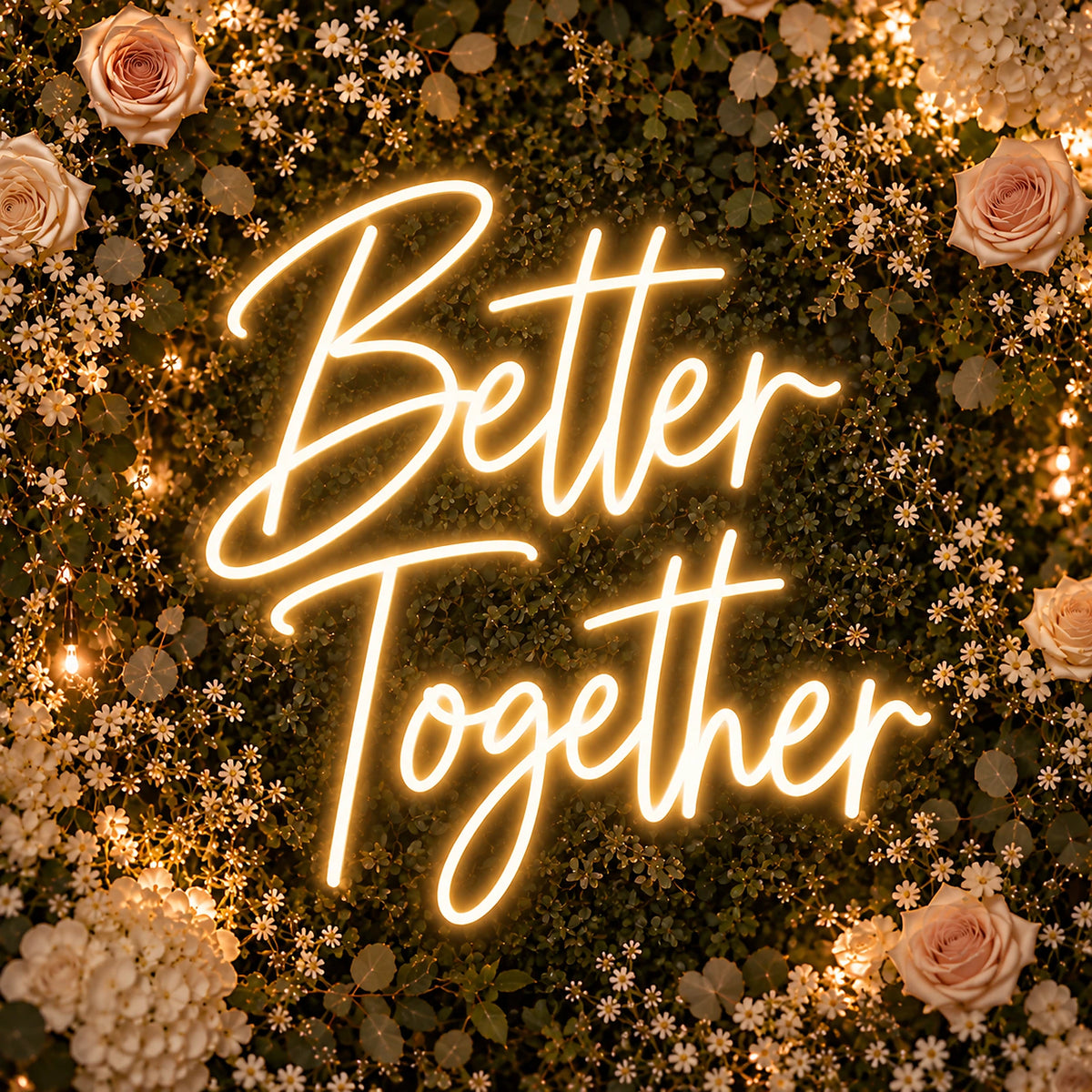 Better Together neon sign glowing on a flower wall wedding backdrop