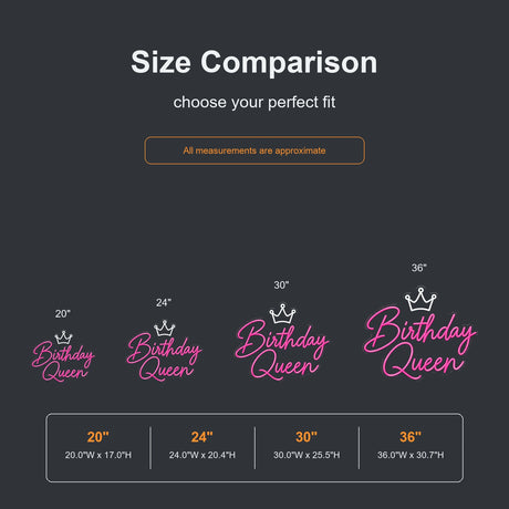 Birthday Queen crown neon sign size comparison from 20 to 36 inches