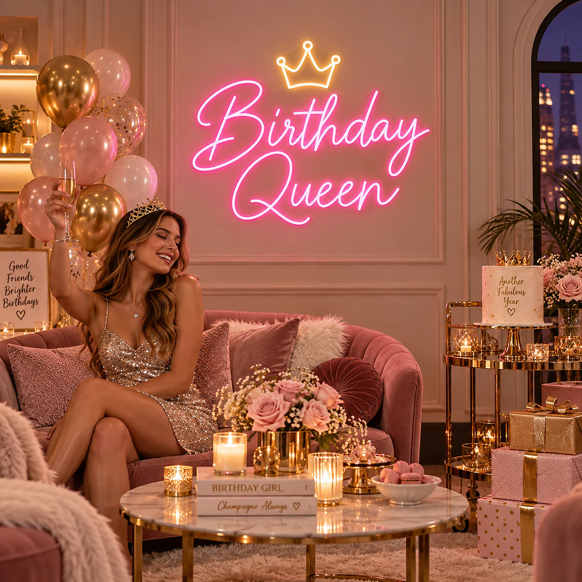 Pink Birthday Queen neon sign in a lounge