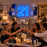Blue number 21 neon sign at a birthday party