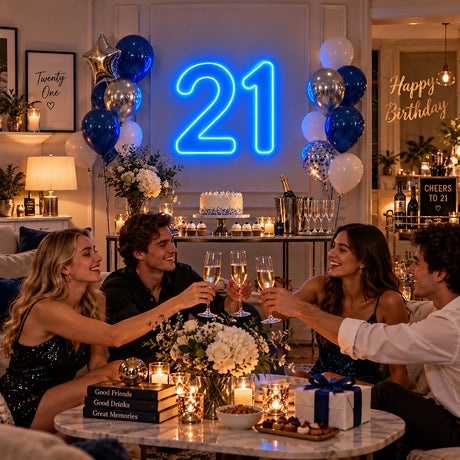 Blue number 21 neon sign at a birthday party