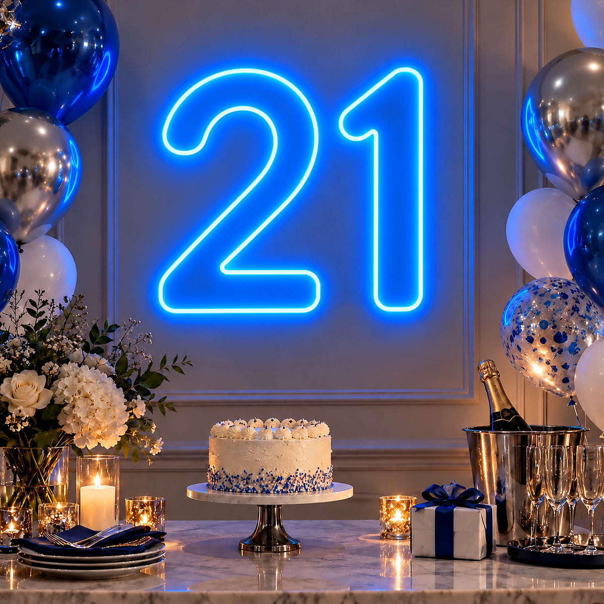 Blue 21st birthday number neon sign on a party table