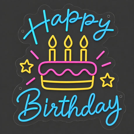 Colorful birthday cake neon sign lit on a dark gray background