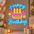 Blue and colorful Happy Birthday cake neon sign as party décor
