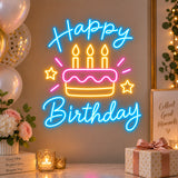 Blue and colorful Happy Birthday cake neon sign as party décor