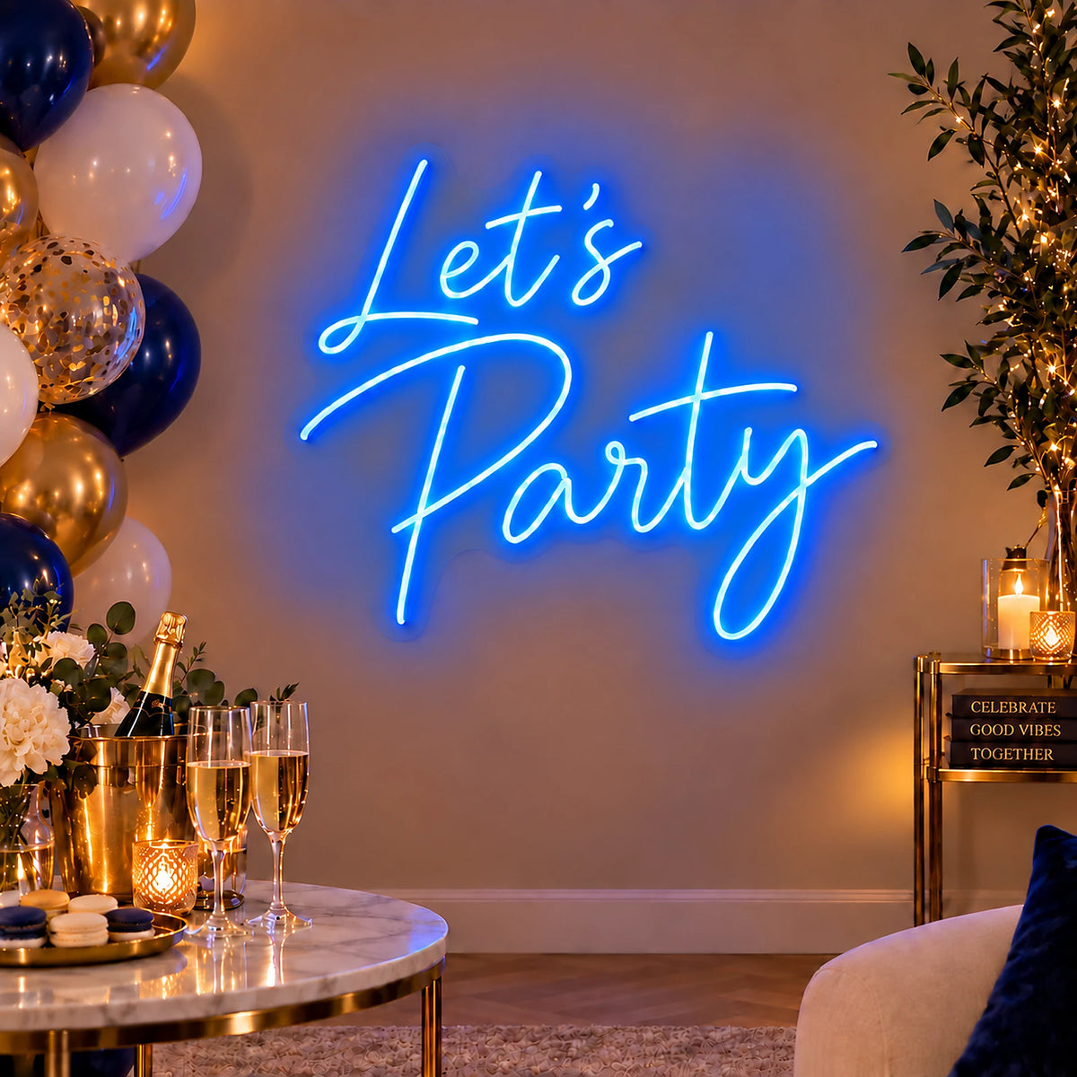 Blue Let’s Party neon sign as birthday décor